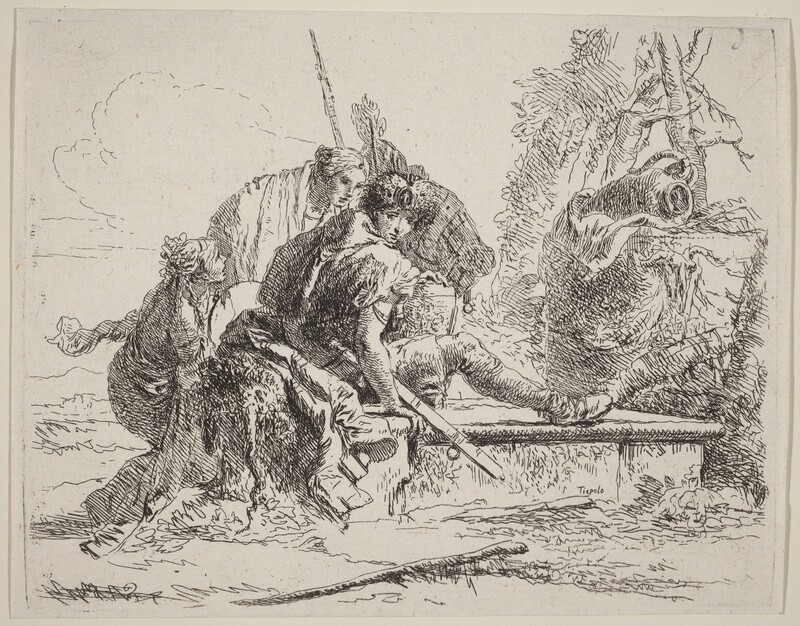 Soldier Seated on a Tomb with Surrounding Figures