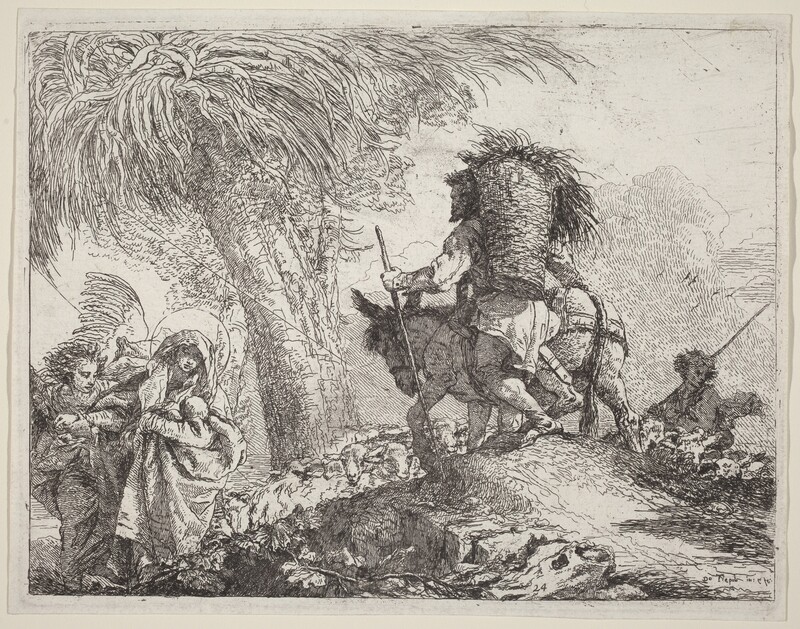 The Flight, Joseph at Right and Mary and Angel at Left