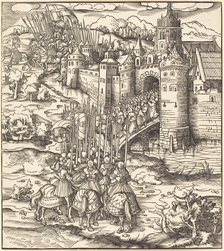 Various Men Kneeling on a Bridge in front of a Town