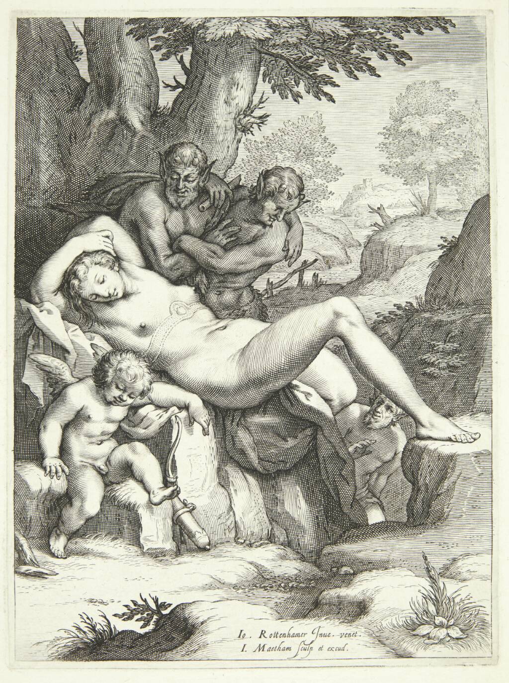 Venus og Amor sover og bliver iagttaget af satyrer