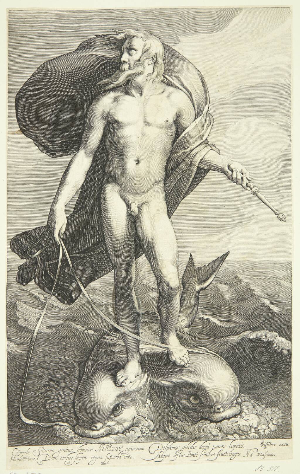 Neptun ridende på to delfiner