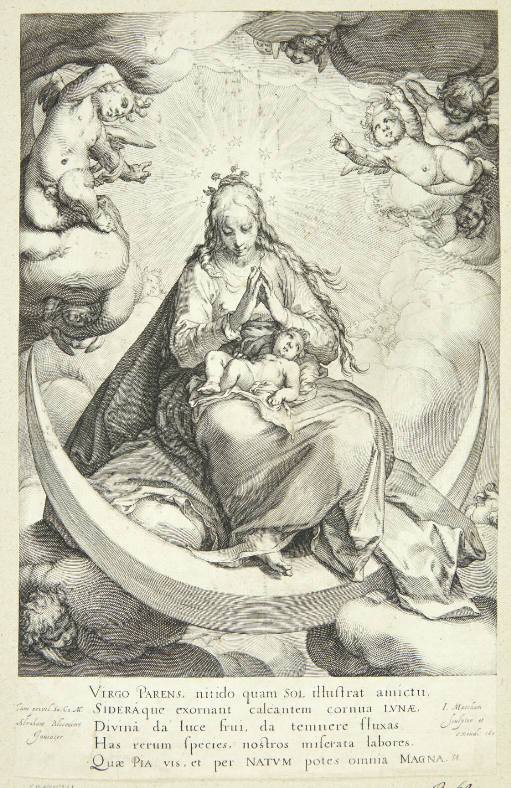 Jomfru Maria med Jesusbarnet på halvmåneseglet, omgivet af engle