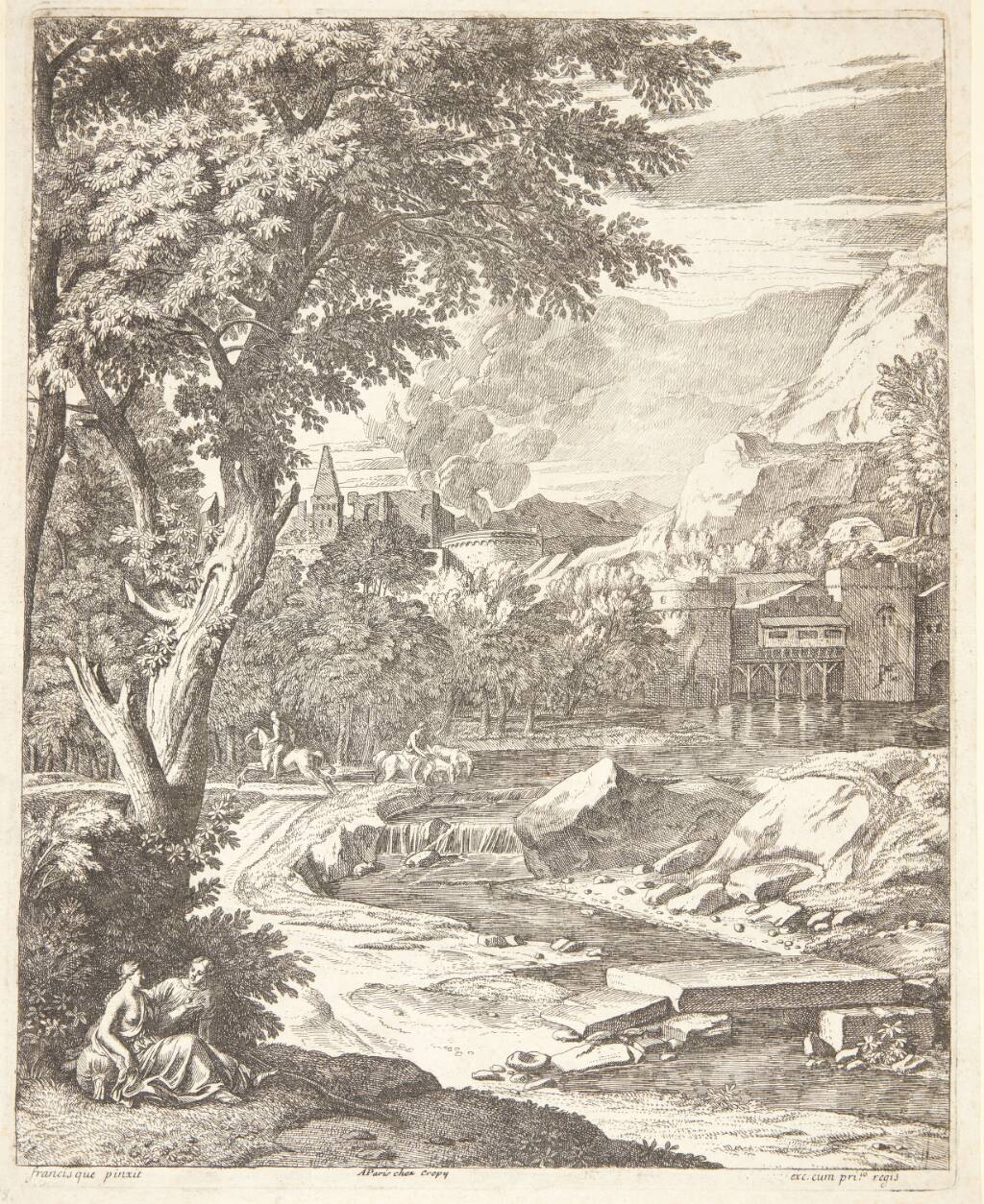 Flodlandskab med et par siddende under et træ, i baggrunden en rytter og en mand, der vander sine heste