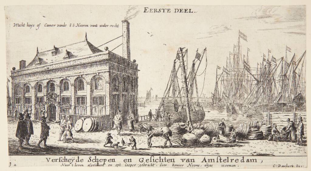 Amsterdams havn med vægterboden. Titelblad til "Forskellige skibe og udsigter fra Amsterdam"