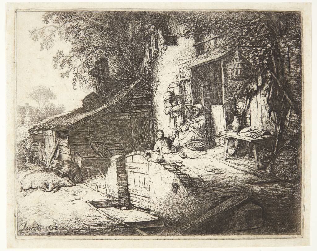 Kvinde, der spinder foran et bondehus