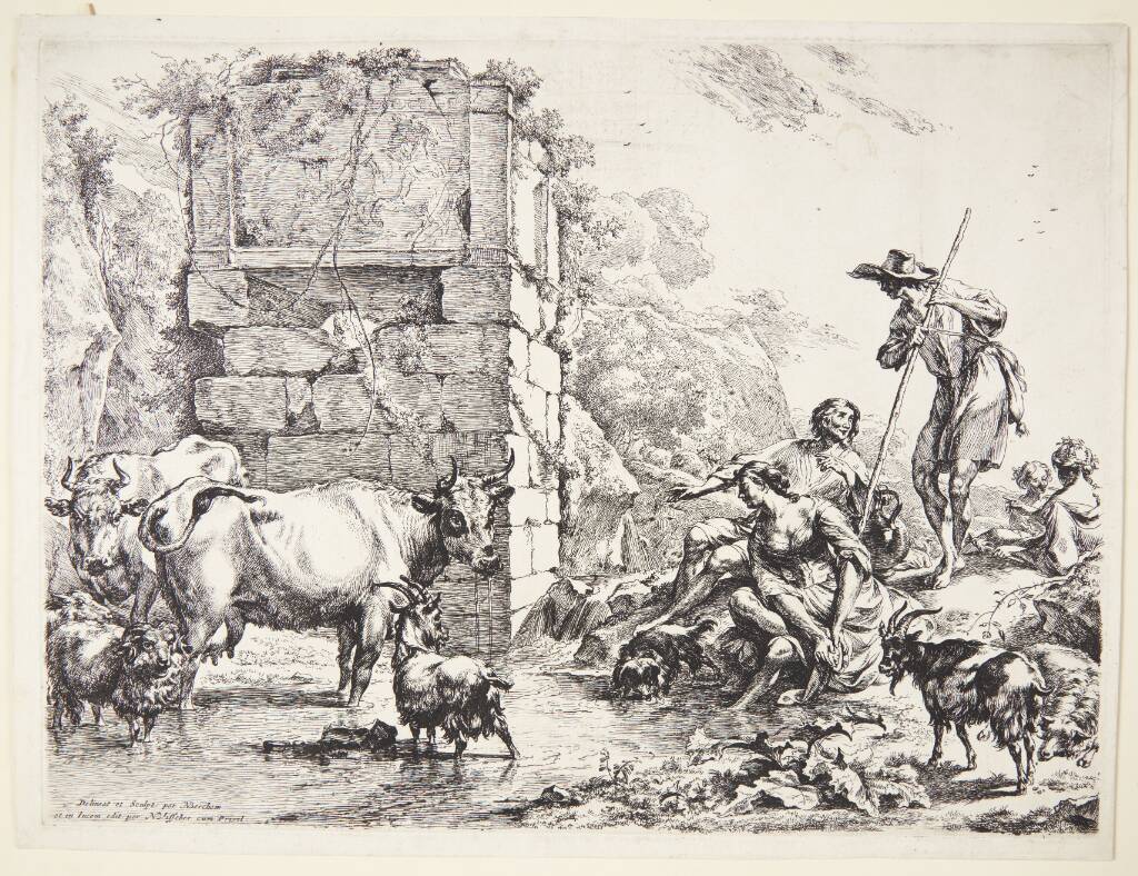 En hyrde vander sine dyr ved en tilgroet ruin