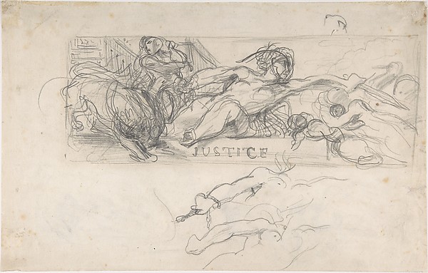 Study for an allegorical figure of Justice in the ceiling decoration of the Salon du Roi, Palais Bourbon (recto); studies of allegorical figures, and architectural sketches (verso)