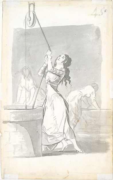 Three women, one in the foreground drawing water from a well, two in the background washing; folio 45 (recto) from the Madrid Album "B"