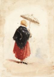 Costume Study: Woman with Umbrella. Verso: erased figure study