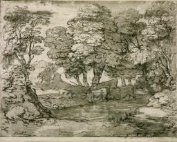 Wooded Landscape with Three Cows at a Pool