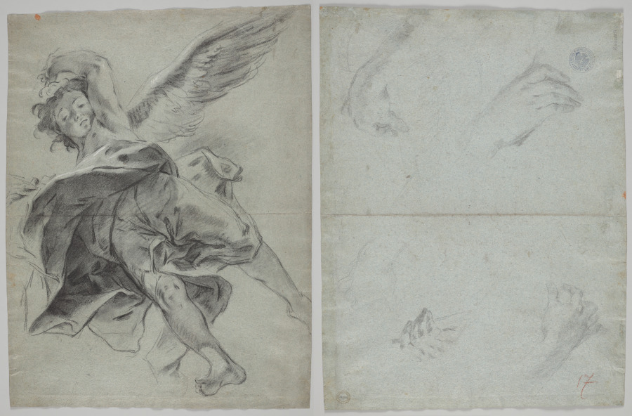 A Flying Angel (recto); Studies of Hands Playing Instruments (verso)