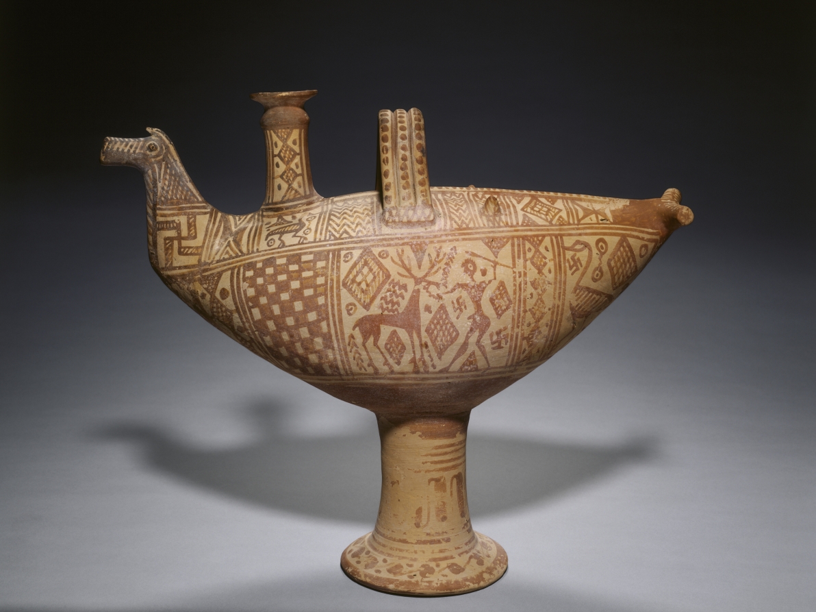Italo-Geometric Bird Askos (Oil Vessel): Hunter (Herakles?) and Stag