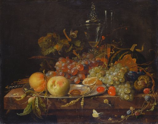 Stillleben mit Früchten, Zinnteller und Weingläsern