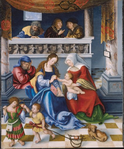 Joseph, Maria, Anna und der Jesusknabe, im Hintergrund die drei Gatten Annas: Joachim, Kleophas (mit den Zügen Kaiser Maximilians I.) und Salomas (mit den Zügen Sixtus Oelhafens?), im Vordergrund zwei Söhne der Maria Kleophas