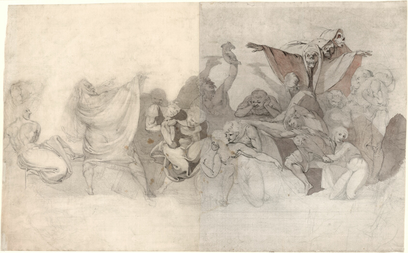Triumph of Death: Three Skeletons Invading a Bacchanal Orchestrated by a Magician or an Evil Demon