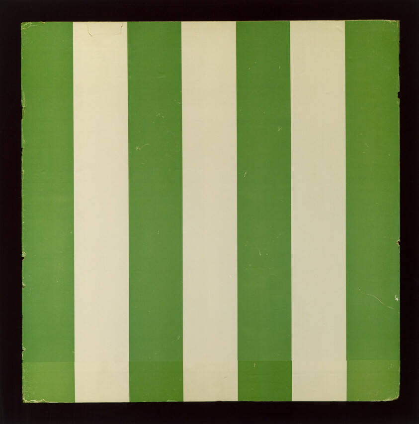 One of 406 Ceiling Panels (23 3/4 x 23 3/4 inches each). Covered on the back with striped paper (green and white). Each Stripe is 8.7 cm. From “Frost and Defrost: A Work In Situ By Daniel Buren.” Otis Art Institute Gallery, 2401 Wilshire Boulevard, Los Angeles, California. January 28 - March 4, 1979, Hal Glicksman, Gallery Director; Christopher D'Arcangelo, Assistant to Daniel Buren, Photography by the Douglas M. Parker Studio, Los Angeles, California, May 4, 2006