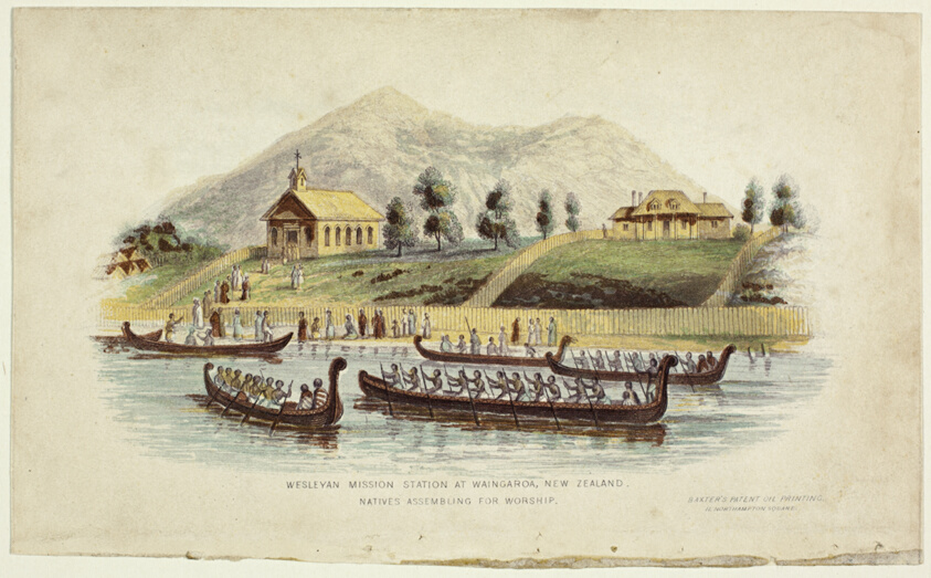 Wesleyan Mission Station at Waingaroa, New Zealand. Natives Assembling for Worship