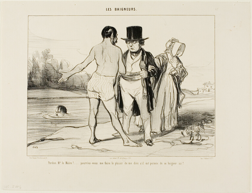 “Pardon me, Mayor.... would you please be so kind to tell me whether swimming is allowed here?,” plate 25 from Les Baigneurs